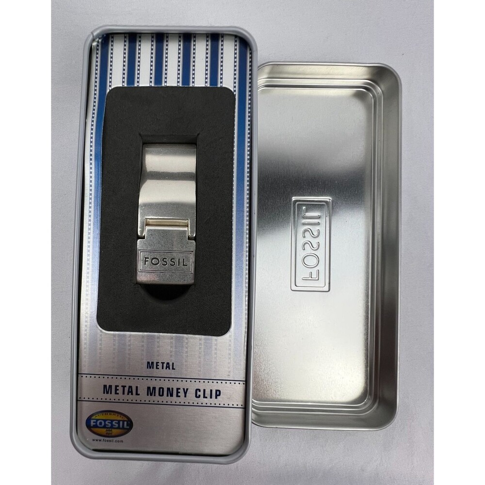 Vintage Fossil Money Clip Silver Tone in Tin Case Lodge Old Money Classic
